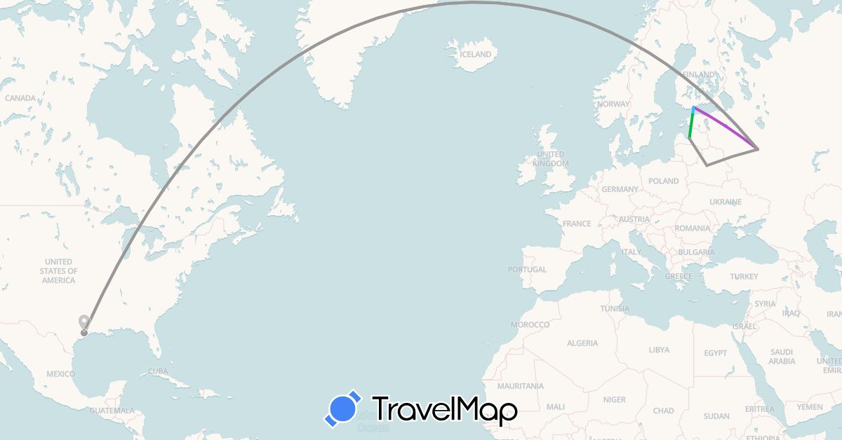 TravelMap itinerary: driving, bus, plane, train, boat in Belarus, Estonia, Finland, Latvia, Russia, United States (Europe, North America)