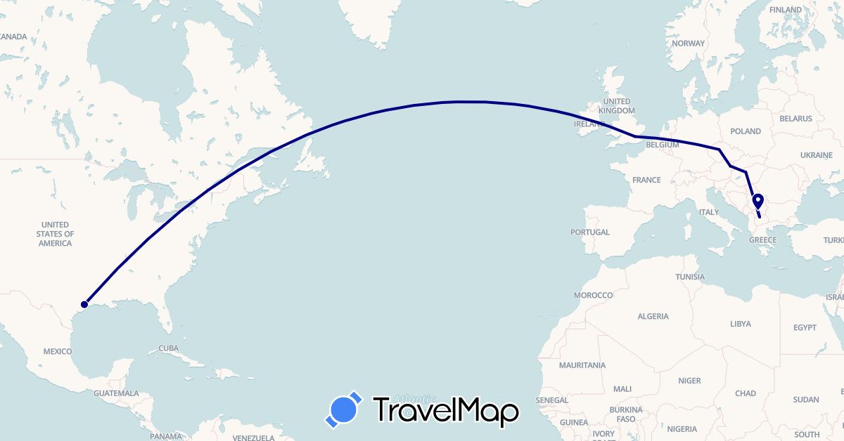 TravelMap itinerary: driving in Austria, Czech Republic, United Kingdom, Hungary, Macedonia, United States, Kosovo (Europe, North America)